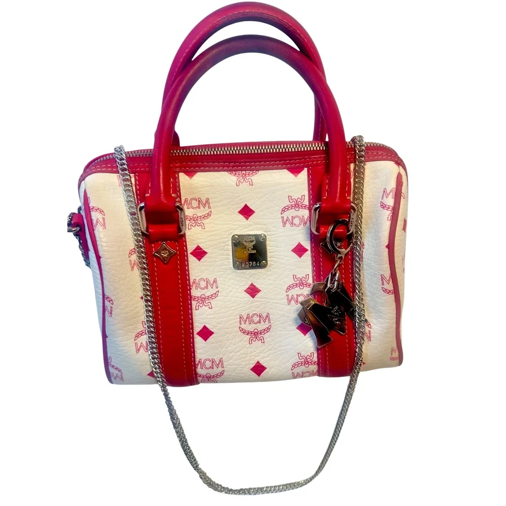MCM Small Boston bag White Pink Visetos Satchel with Charm~Chain strap~Twilly